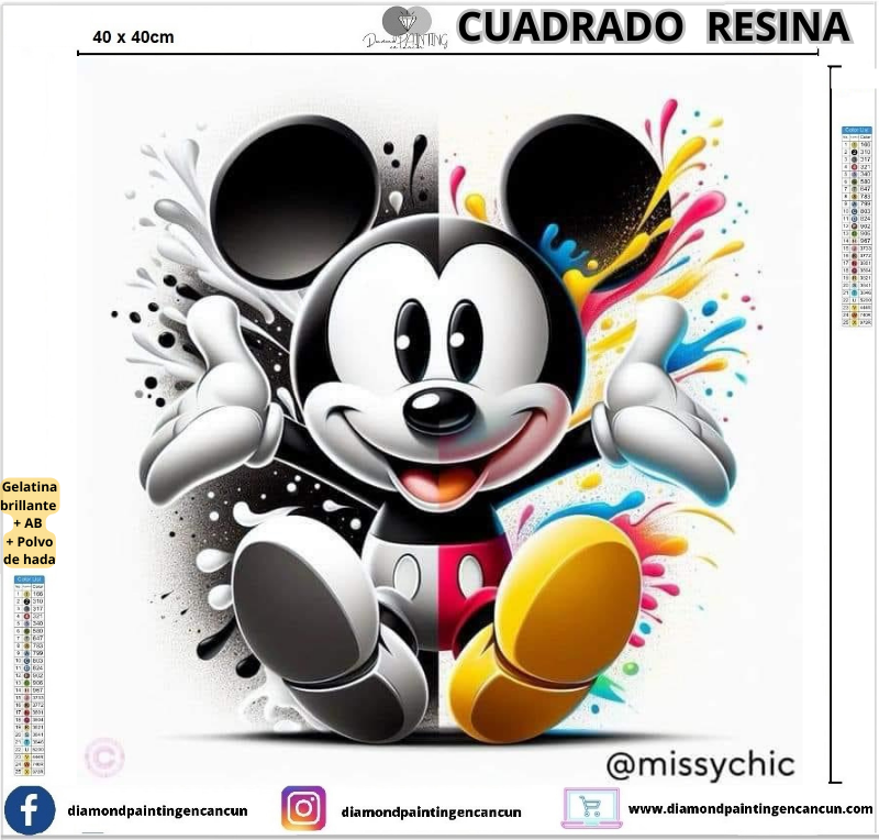 Mickey 40 x 40cm Contiene DIAMANTES DE RESINA: GELATINA BRILLANTE EN LA OSCURIDAD, AB Y POLVO DE HADA