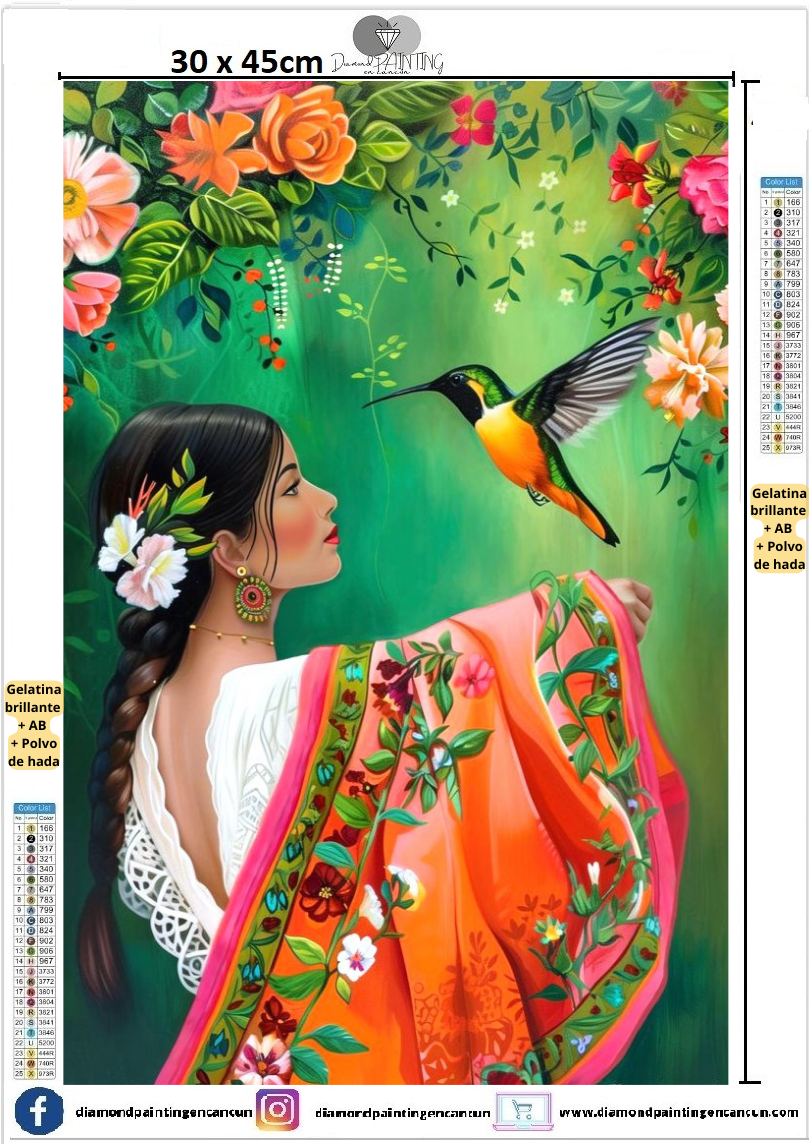 Chica colibrí 30 x 45 contiene Diamante gelatina brillante en la oscuridad, ab y polvo de hada