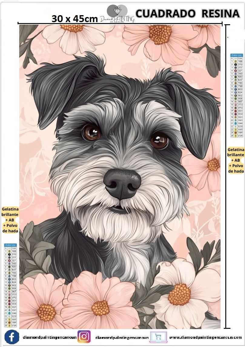 Schnauzer 30 x 45 Contiene DIAMANTES DE RESINA: GELATINA BRILLANTE EN LA OSCURIDAD, AB Y POLVO DE HADA