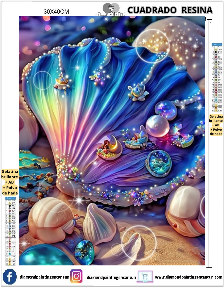 Concha colorida 30 x 40 Contiene DIAMANTES DE RESINA: GELATINA BRILLANTE EN LA OSCURIDAD, AB Y POLVO DE HADA