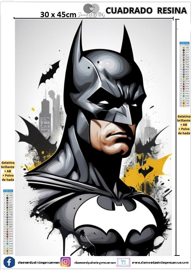 Batman 30 x 45 Contiene DIAMANTES DE RESINA: GELATINA BRILLANTE EN LA OSCURIDAD, AB Y POLVO DE HADA