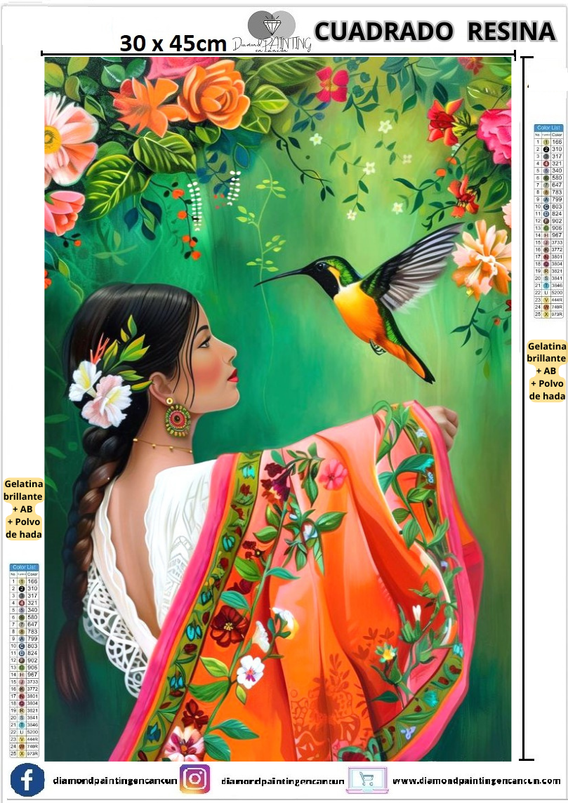 Chica colibrí 30 x 45 Contiene DIAMANTES DE RESINA: GELATINA BRILLANTE EN LA OSCURIDAD, AB Y POLVO DE HADA