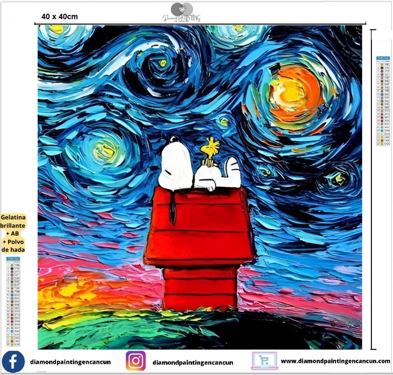 Snoopy 40 x 40 incluye DIAMANTES GELATINA BRILLANTE EN LA OSCURIDAD, AB Y POLVO DE HADA