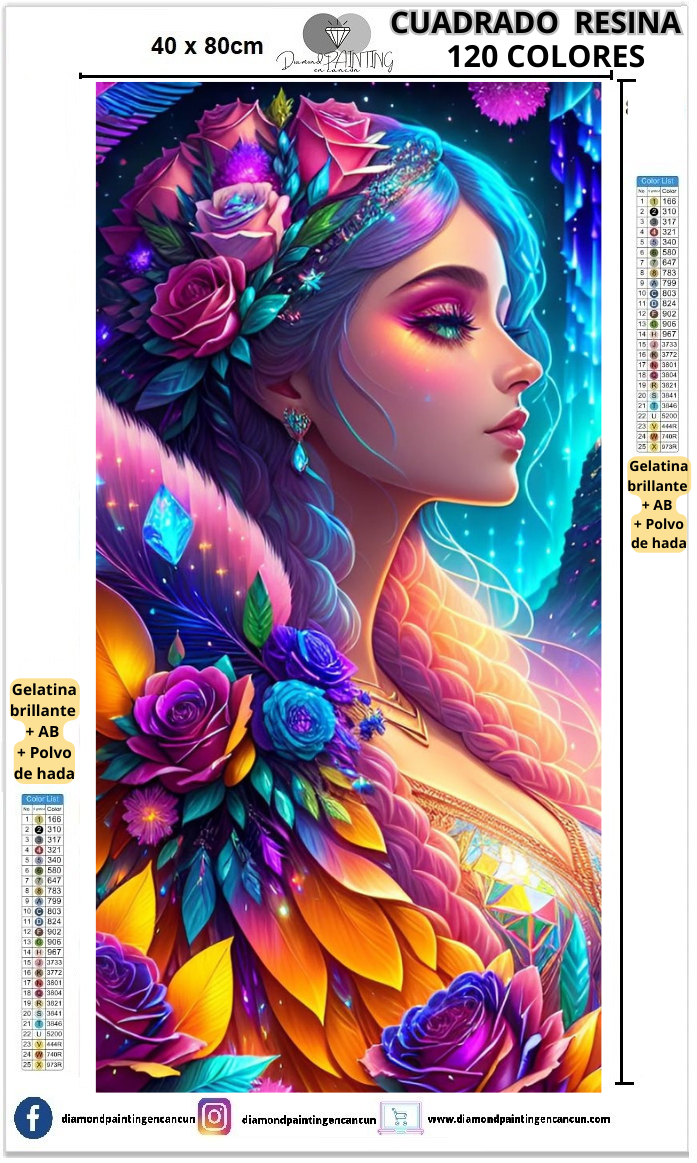 Chica colores 40 x 80 Contiene DIAMANTES DE RESINA 120 COLORES: GELATINA BRILLANTE EN LA OSCURIDAD, AB Y POLVO DE HADA