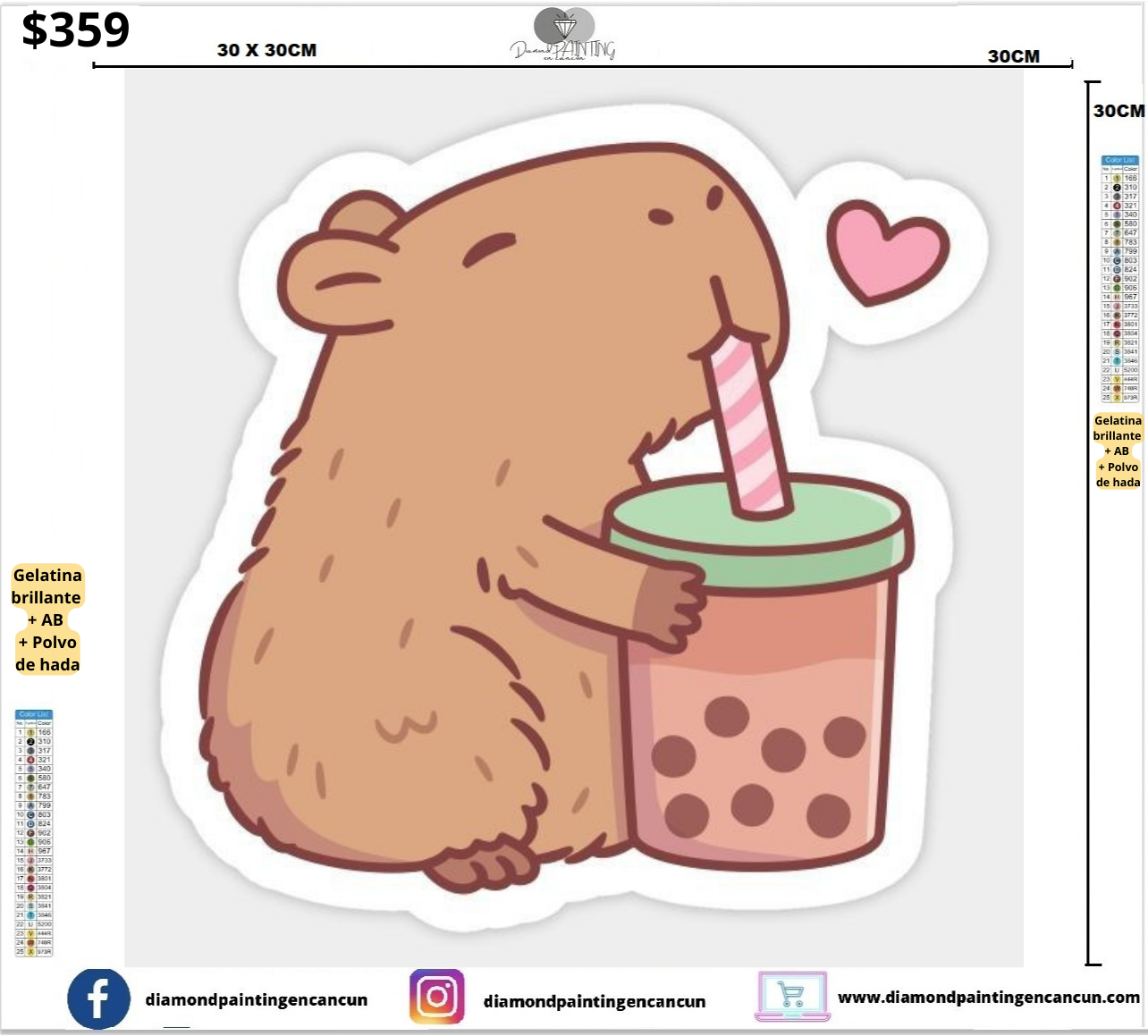 Capibara 30 x 30 contiene DIAMANTES GELATINA, AB Y POLVO DE HADA