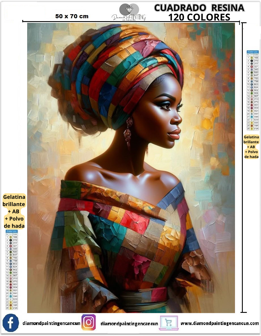 Africana 50 x 70 Contiene DIAMANTES DE RESINA 120 COLORES: GELATINA BRILLANTE EN LA OSCURIDAD, AB Y POLVO DE HADA