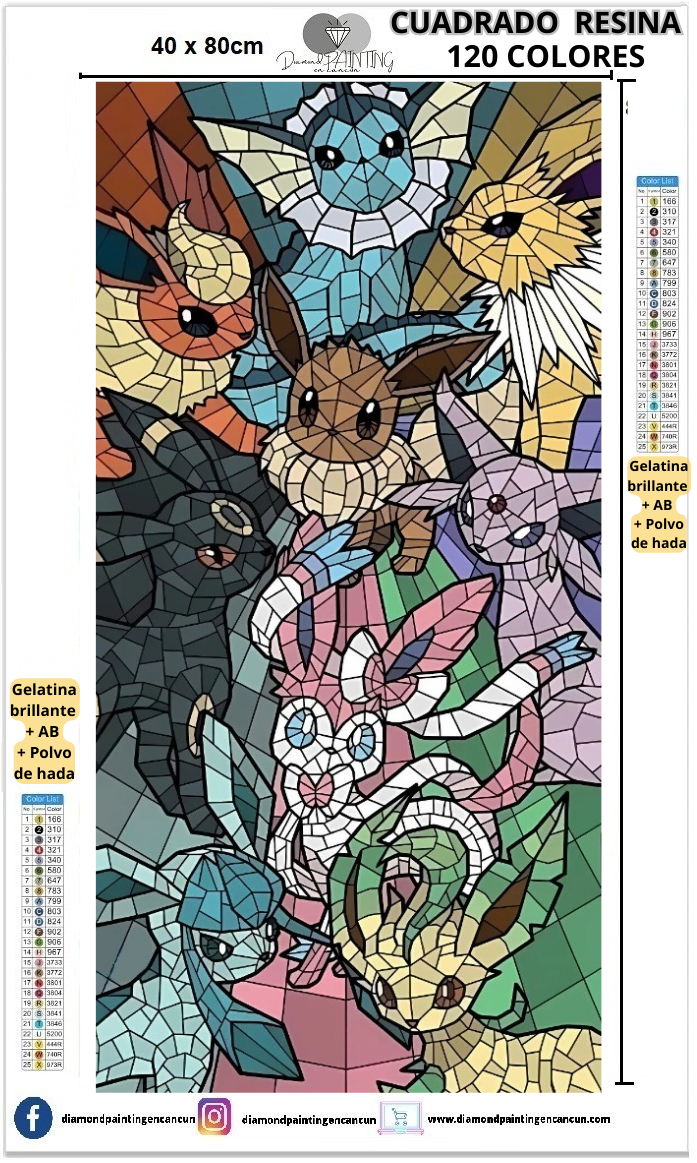 Eve evoluciones 40 x 80 Contiene 120 DIAMANTES DE RESINA: GELATINA BRILLANTE EN LA OSCURIDAD, AB Y POLVO DE HADA