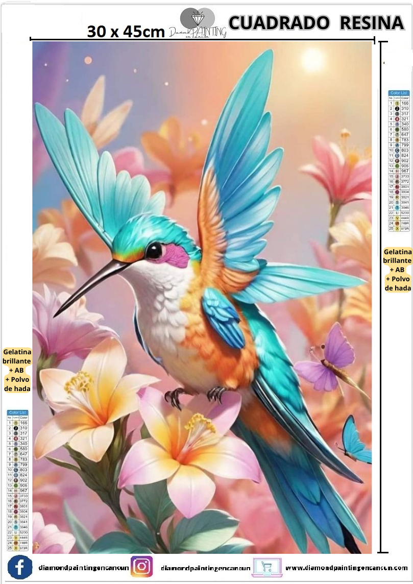 Colibrí 30 x 45 Contiene DIAMANTES DE RESINA: GELATINA BRILLANTE EN LA OSCURIDAD, AB Y POLVO DE HADA