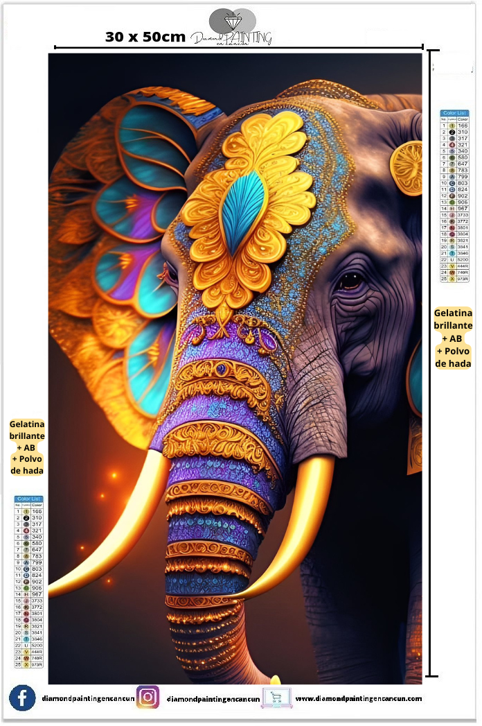 Elefante 30 x 50 contiene DIAMANTES GELATINA BRILLANTE EN LA OSCURIDAD, AB Y POLVO DE HADA
