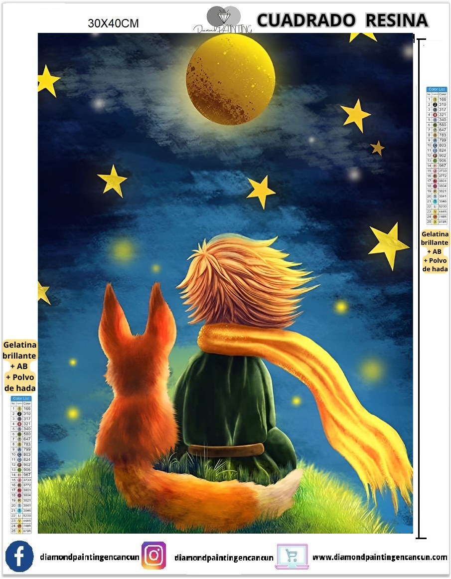 Principito 30 x 40cm Contiene DIAMANTES DE RESINA: GELATINA BRILLANTE EN LA OSCURIDAD, AB Y POLVO DE HADA