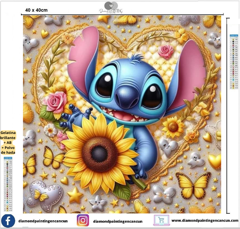 Stitch con girasol 40 x 40 contiene Diamante gelatina brillante en la oscuridad, ab y polvo de hada