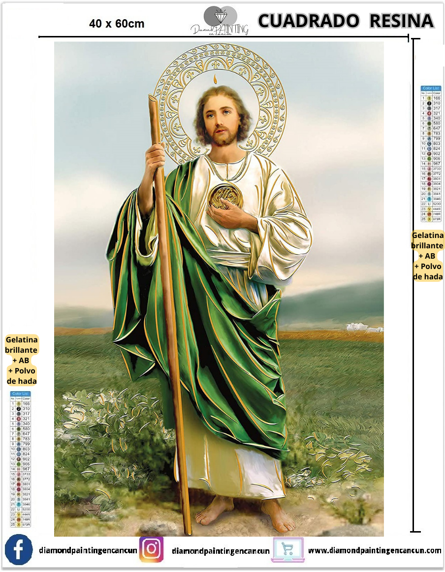 San Judas Tadeo 40 x 60cm Contiene DIAMANTES DE RESINA: GELATINA BRILLANTE EN LA OSCURIDAD, AB Y POLVO DE HADA