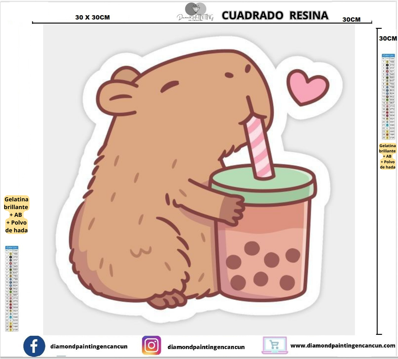 Capibara 30 x 30 Contiene DIAMANTES DE RESINA: GELATINA BRILLANTE EN LA OSCURIDAD, AB Y POLVO DE HADA