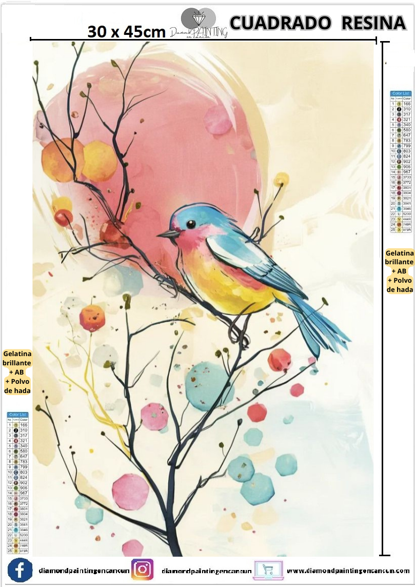 Ave 30 x 45 Contiene DIAMANTES DE RESINA: GELATINA BRILLANTE EN LA OSCURIDAD, AB Y POLVO DE HADA