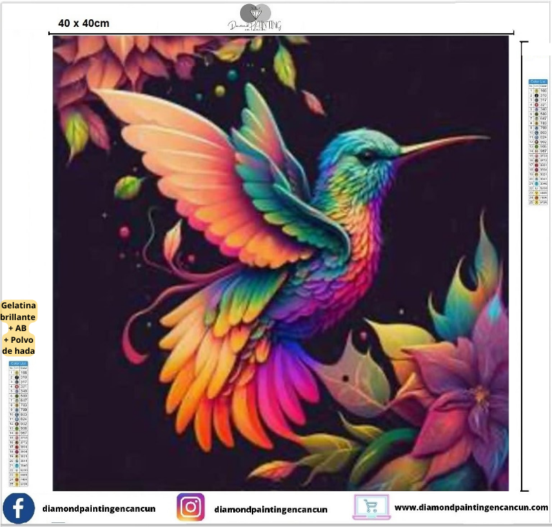 Colibrí 40 x 40 contiene Diamante gelatina brillante en la oscuridad, ab y polvo de hada