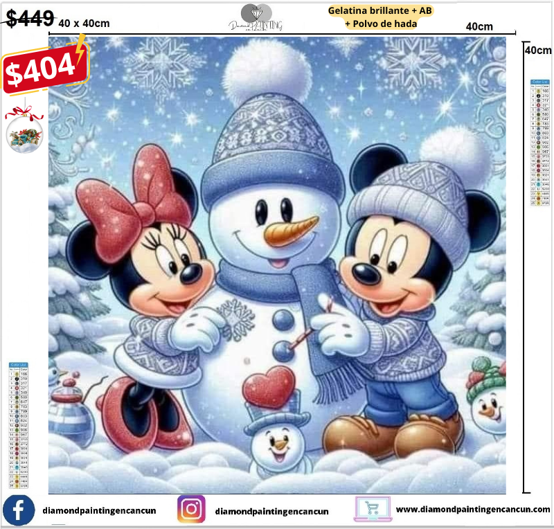 Mickey y minnie navideños 40 x 40 contiene Diamante gelatina brillante en la oscuridad, ab y polvo de hada