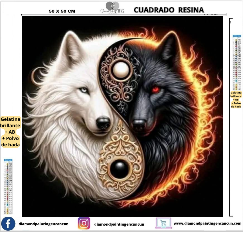 Lobos 50 x 50 Contiene DIAMANTES DE RESINA: GELATINA BRILLANTE EN LA OSCURIDAD, AB Y POLVO DE HADA