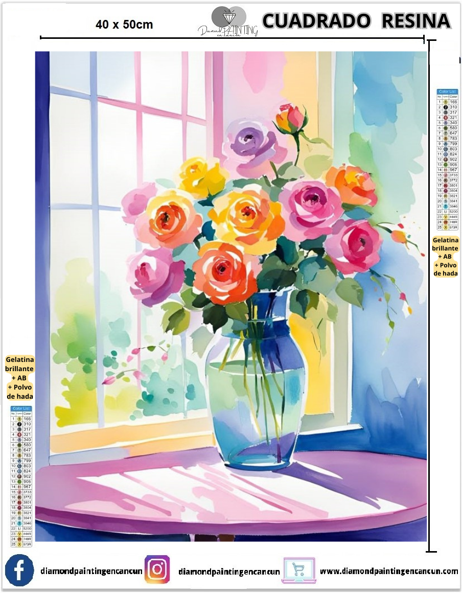 Florero 40 x 50 Contiene DIAMANTES DE RESINA: GELATINA BRILLANTE EN LA OSCURIDAD, AB Y POLVO DE HADA