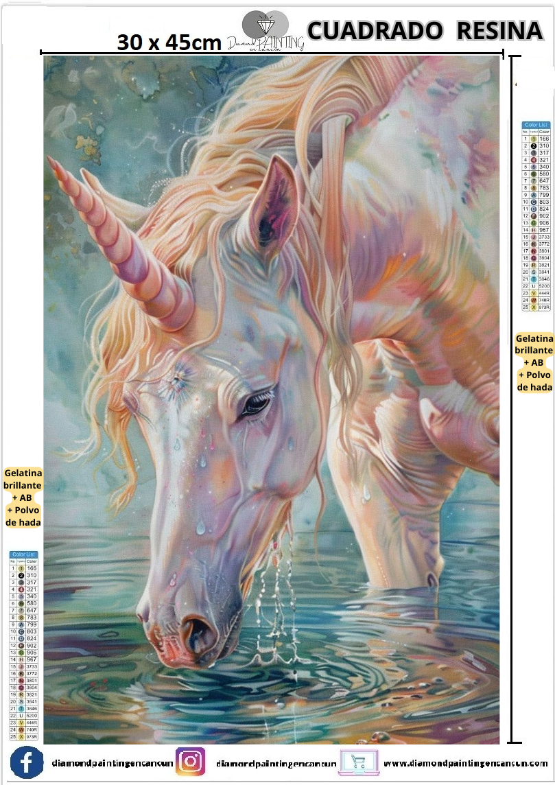 Unicornio 30 x 45 Contiene DIAMANTES DE RESINA: GELATINA BRILLANTE EN LA OSCURIDAD, AB Y POLVO DE HADA