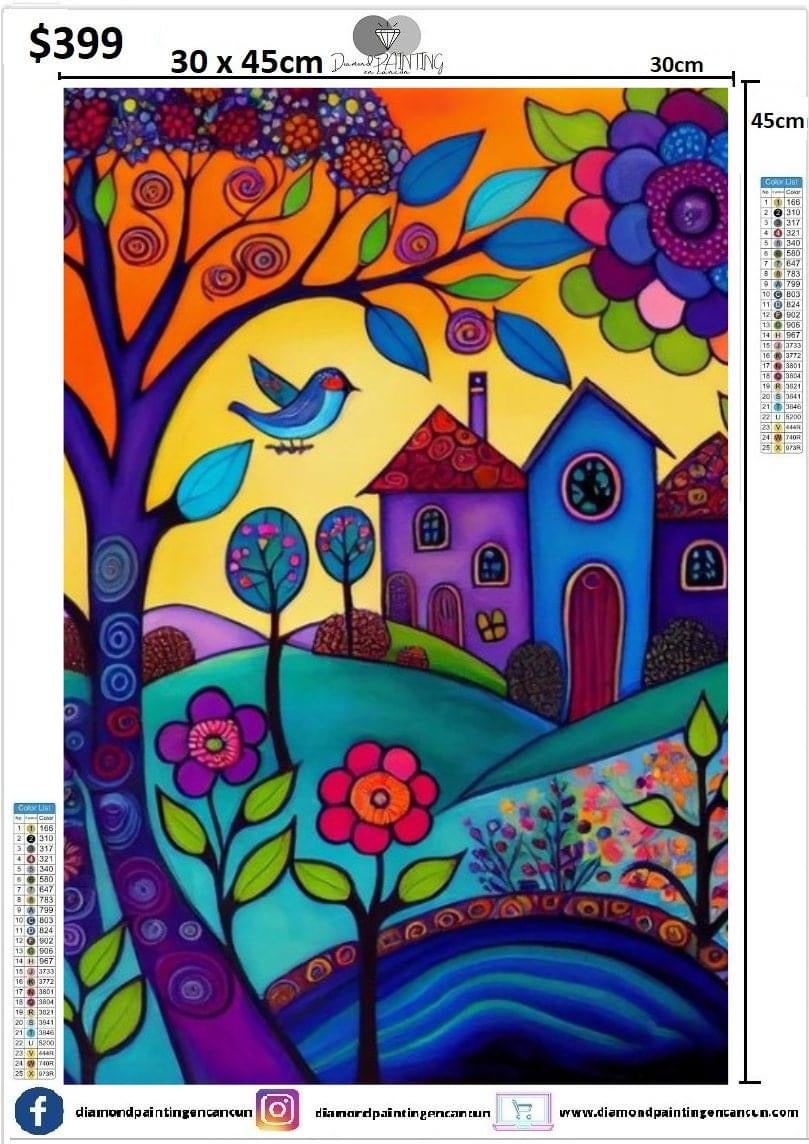 Paisaje casa Colorido 30 x 45cm contiene Diamantes AB
