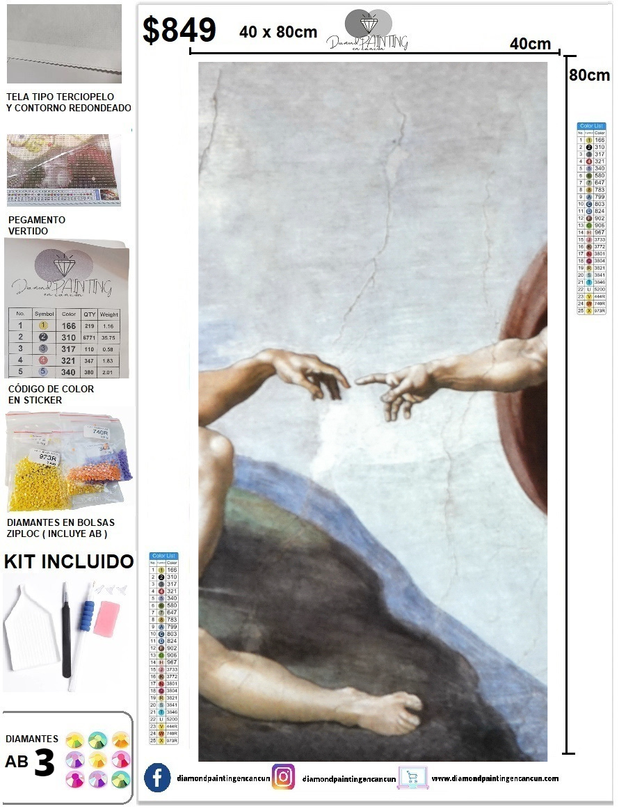 La creación de Adán 40 x 80 3 PIEZAS (7 Diamantes AB)