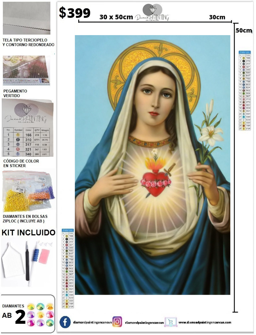 Inmaculado corazón de María 30 x 50 incluye DIAMANTES AB