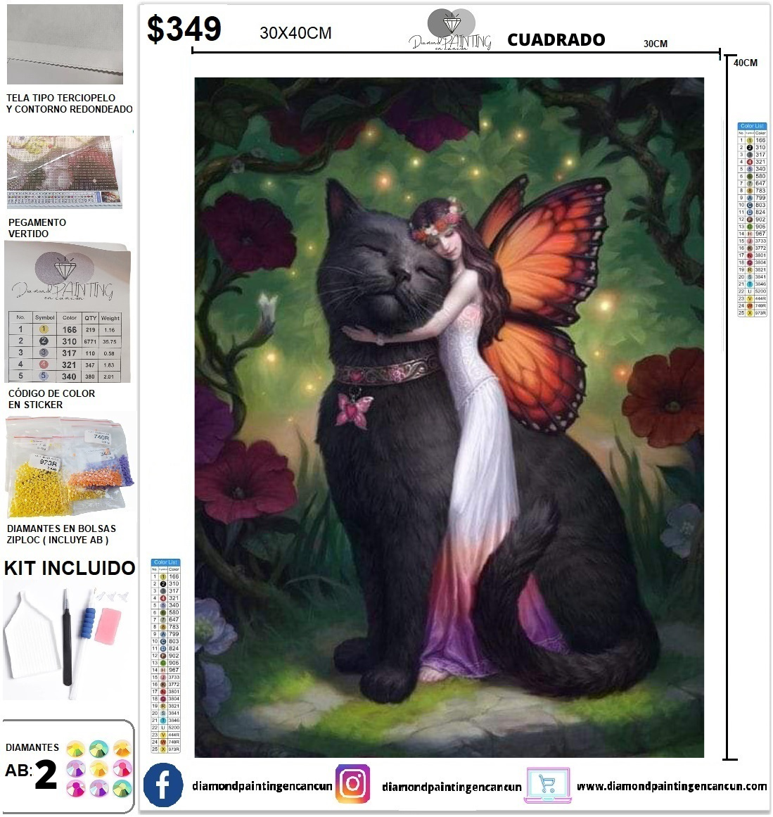 Hada y gatito 30 x 40 contiene DIAMANTE GELATINA BRILLANTE EN LA OSCURIDAD, AB Y POLVO DE HADA