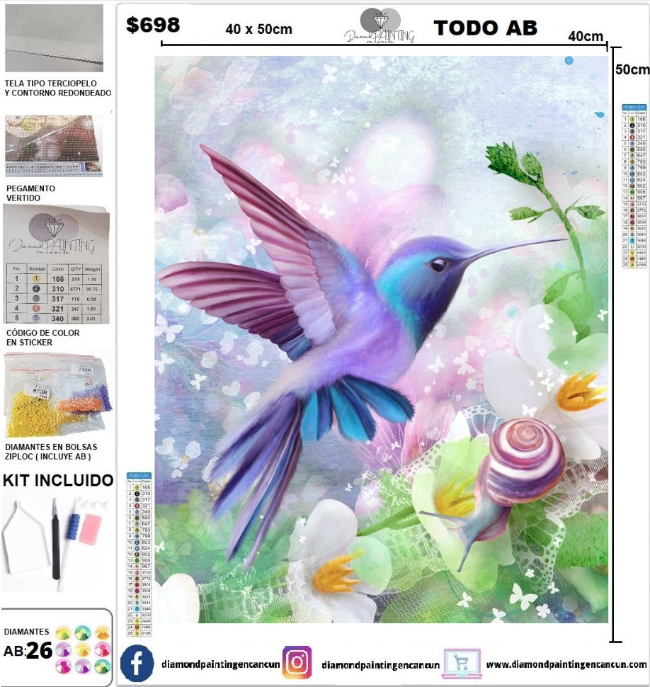 Colibrí 40 x 50 contiene Diamantes GELATINA BRILLANTE EN LA OSCURIDAD, AB Y POLVO DE HADA