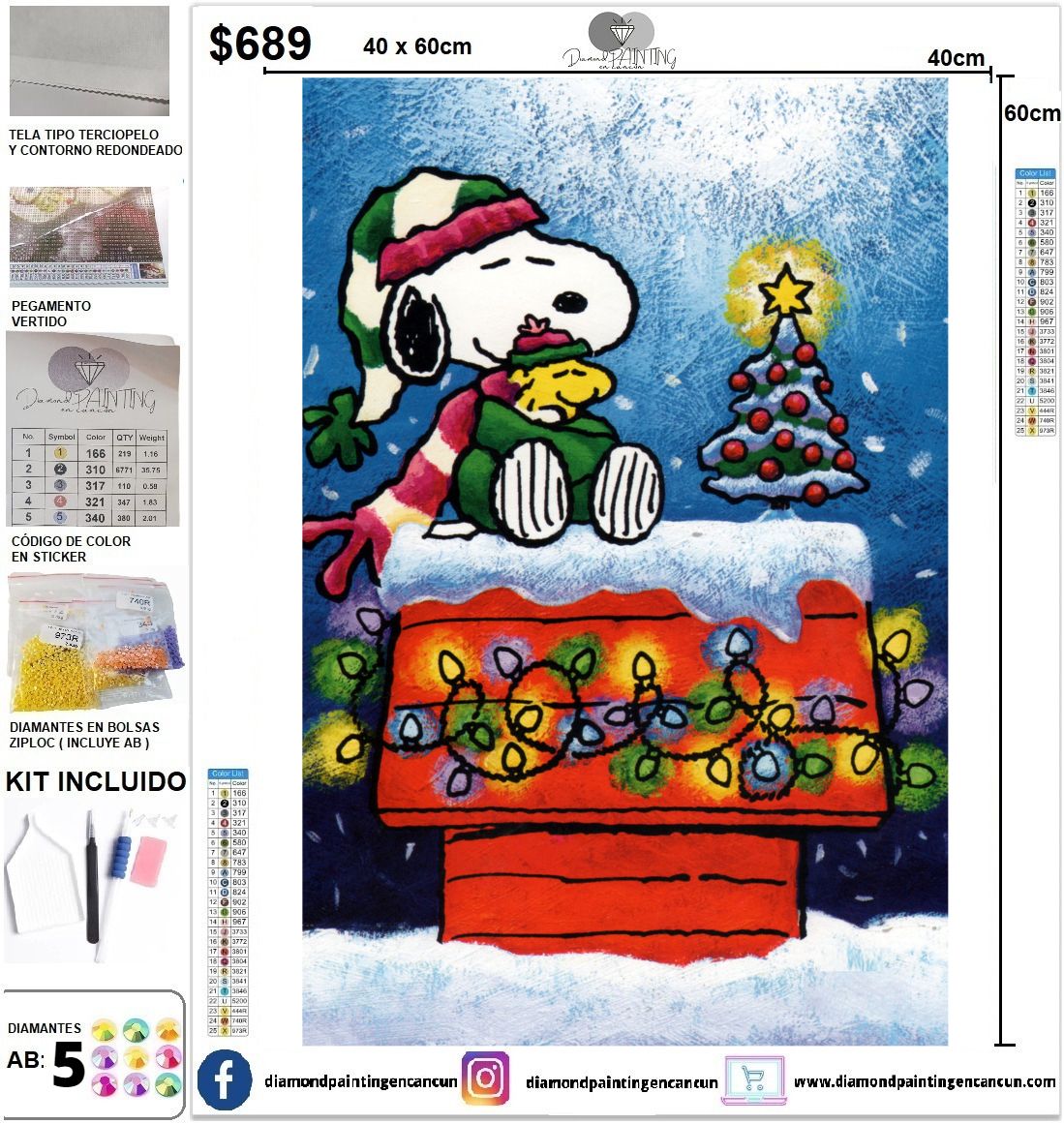 Snoopy navideño 40 x 60 incluye DIAMANTES GELATINA BRILLANTE EN LA OSCURIDAD, AB Y POLVO DE HADA