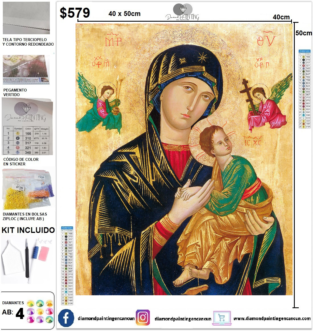 Virgen del socorro 40 x 50 incluye DIAMANTES AB Y POLVO DE HADA