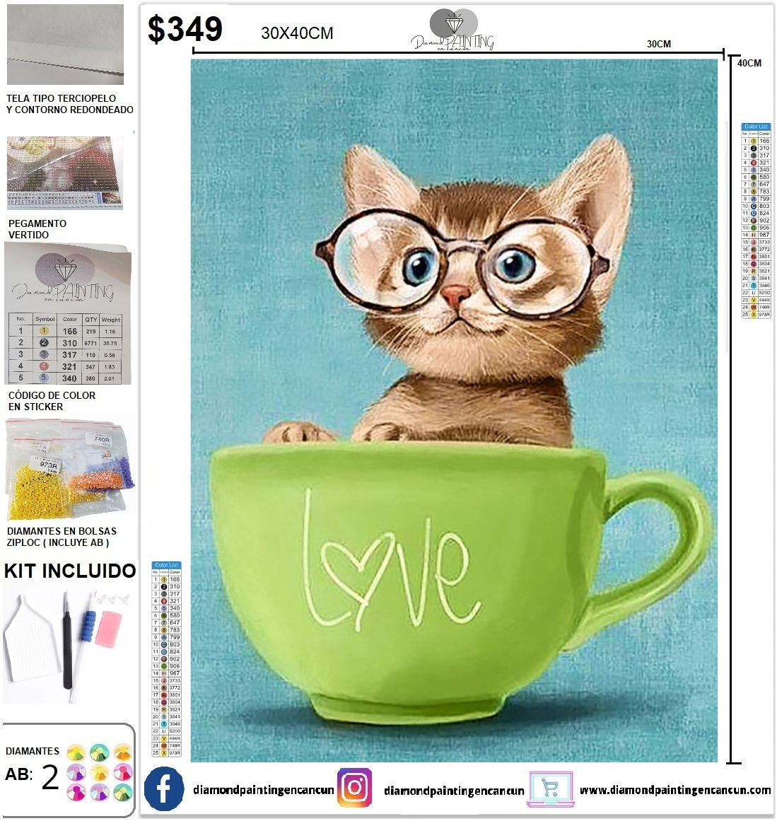 Gatito en taza 30 x 40 incluye DIAMANTES AB