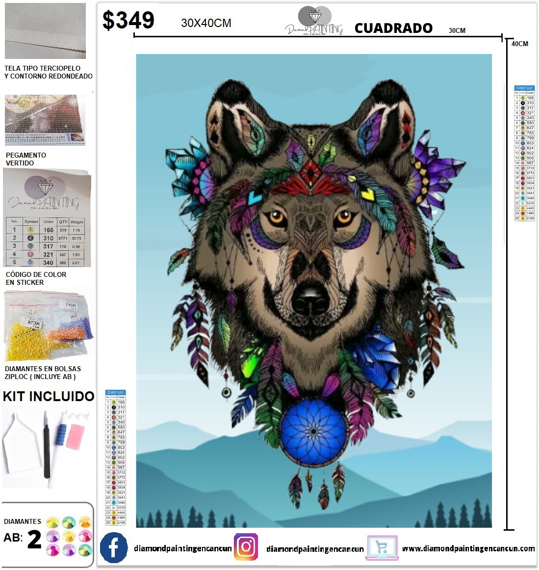 Lobo con atrapasueño 30 x 40 incluye DIAMANTES AB