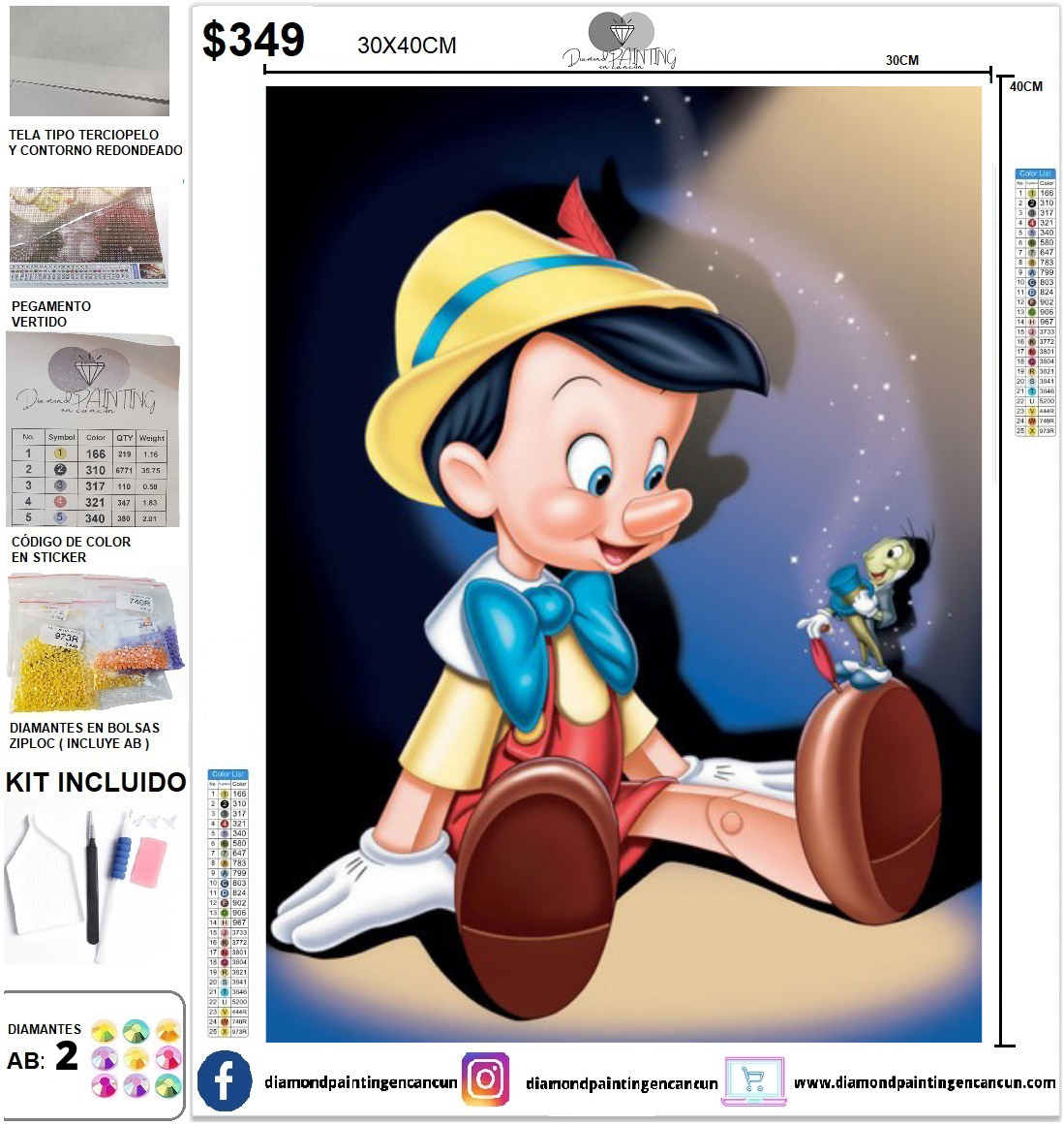 Pinocho 30 x 40 incluye DIAMANTES AB Y ALGUNOS POLVO DE HADA