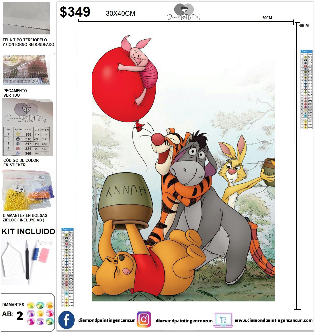 Winnie Pooh 30 x 40 incluye DIAMANTES AB