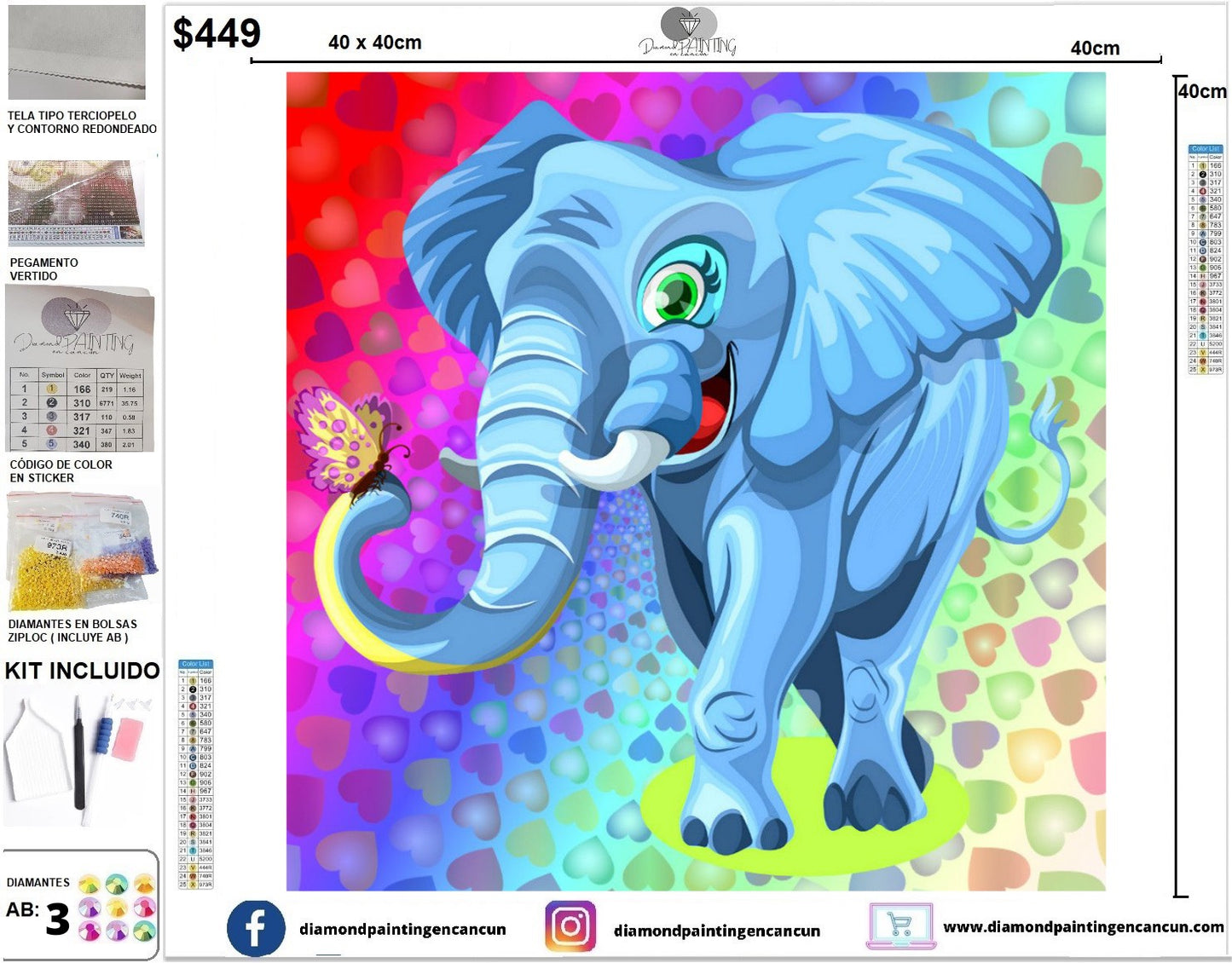 Elefante 40 x 40 (3 Diamantes AB)