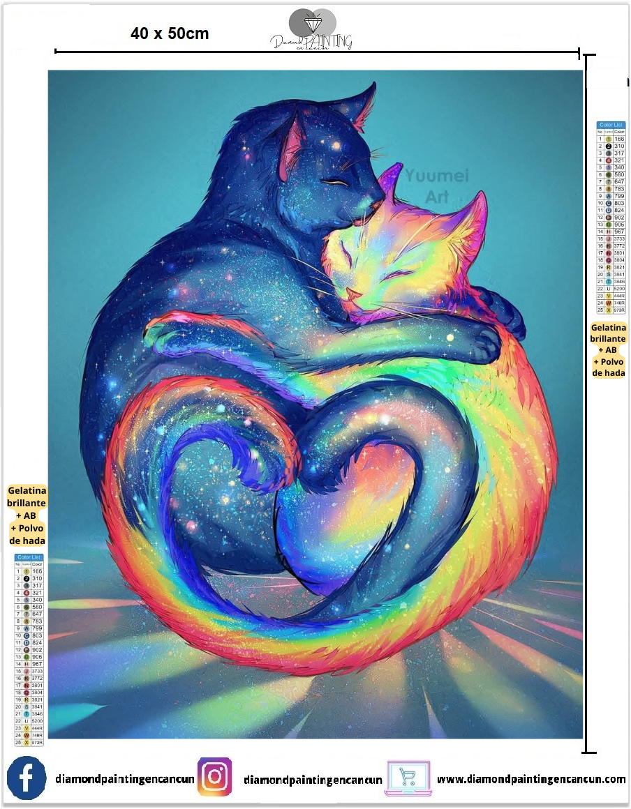 Gatitos amor 40 x 50 contiene DIAMANTES GELATINA BRILLANTE EN LA OSCURIDAD, AB Y POLVO DE HADA