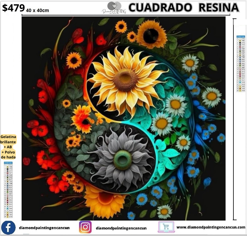 Girasoles 40 x 40cm Contiene DIAMANTES DE RESINA: GELATINA BRILLANTE EN LA OSCURIDAD, AB Y POLVO DE HADA