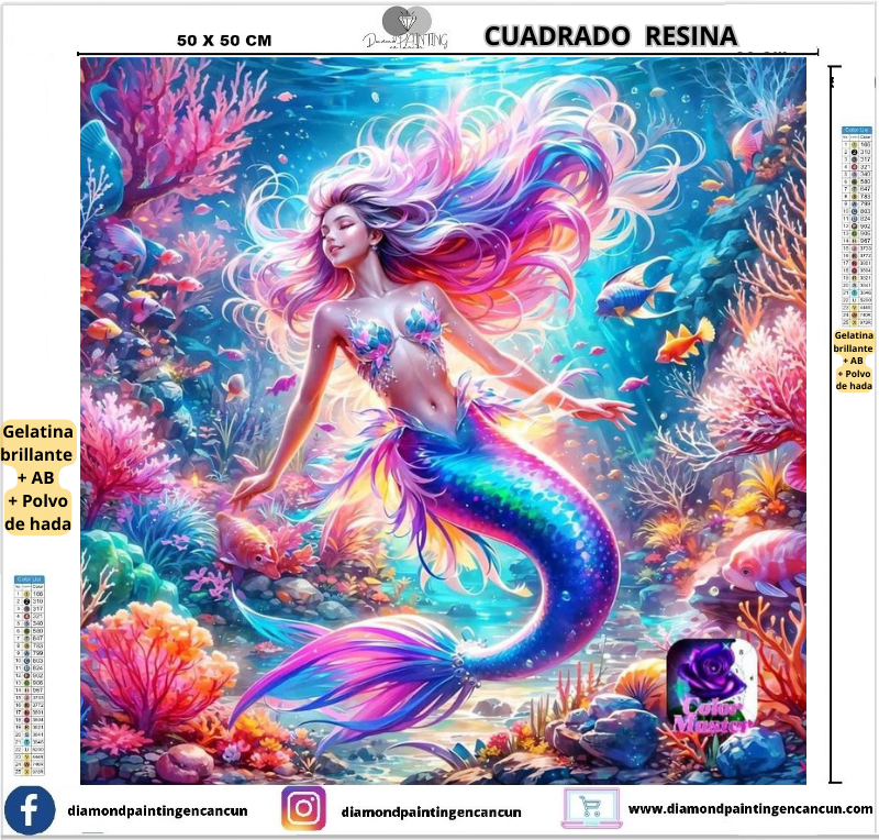 Sirena 50 x 50 Contiene DIAMANTES DE RESINA: GELATINA BRILLANTE EN LA OSCURIDAD, AB Y POLVO DE HADA