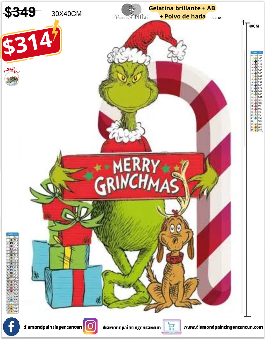 Grinch navidad 30 x 40 contiene Diamante gelatina brillante en la oscuridad, ab y polvo de hada