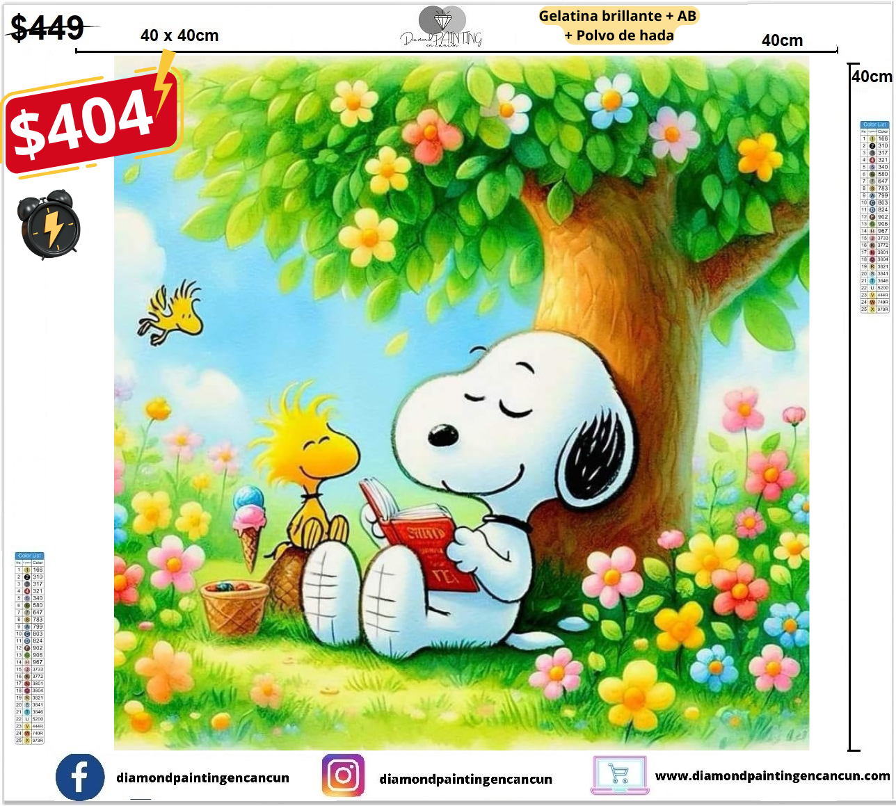 Snoopy leyedo 40 x 40 contiene Diamante gelatina brillante en la oscuridad, ab y polvo de hada