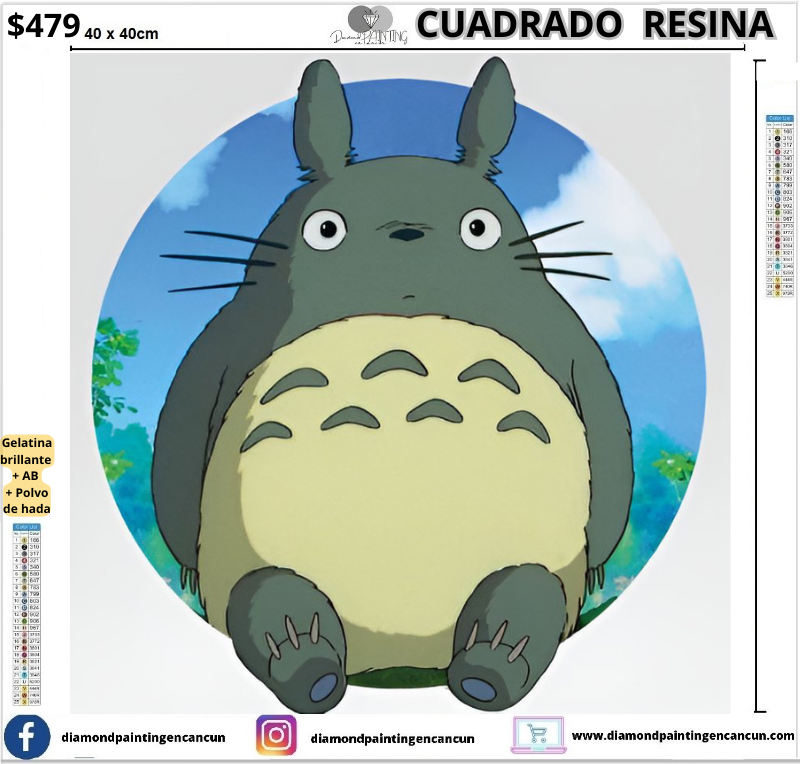 Totoro 40 x 40cm Contiene DIAMANTES DE RESINA: GELATINA BRILLANTE EN LA OSCURIDAD, AB Y POLVO DE HADA