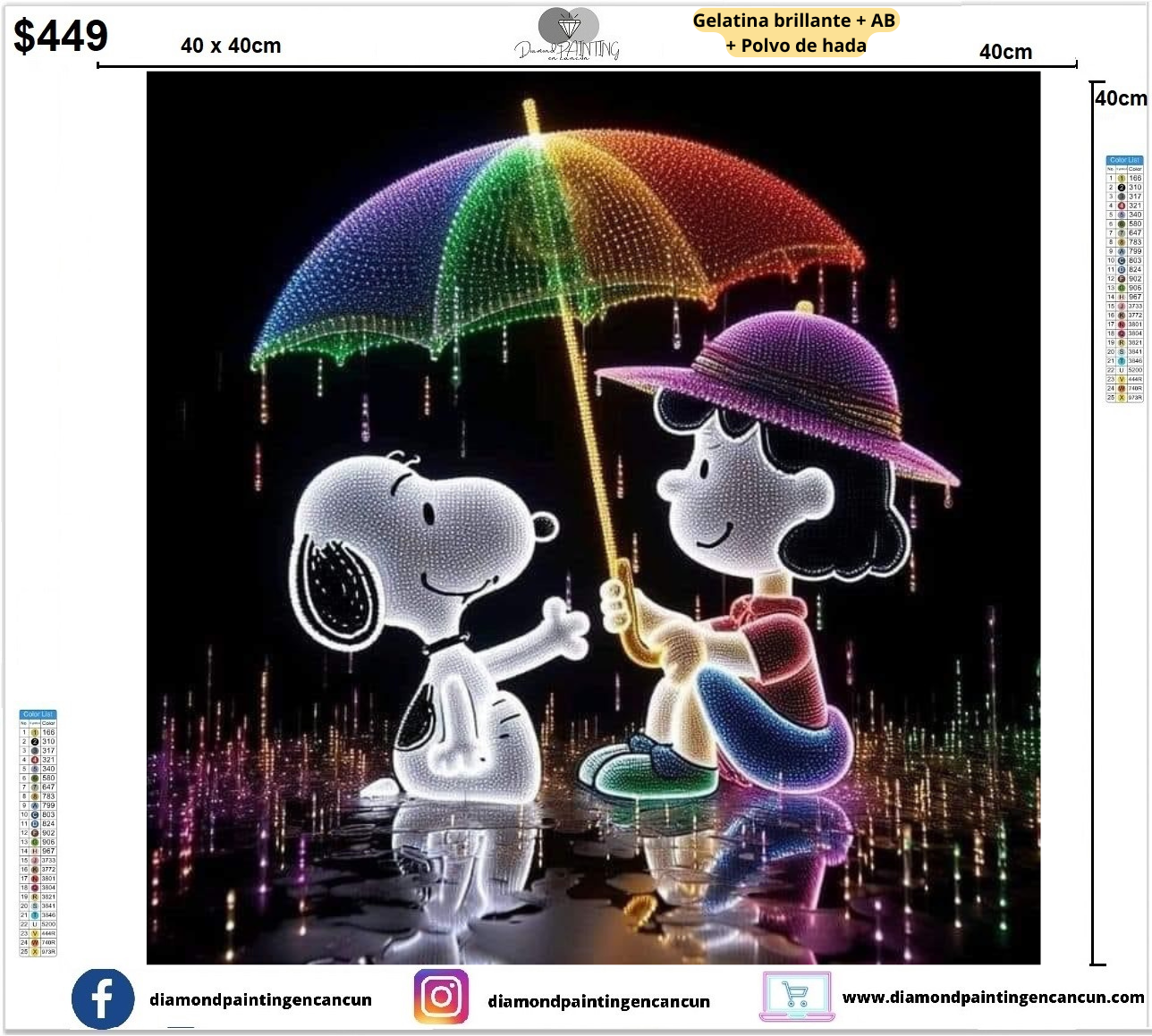 Snoopy y mafalda 40 x 40 contiene Diamante gelatina brillante en la oscuridad, ab y polvo de hada