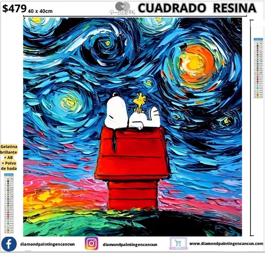 Snoopy noche estrellada 40 x 40cm Contiene DIAMANTES DE RESINA: GELATINA BRILLANTE EN LA OSCURIDAD, AB Y POLVO DE HADA