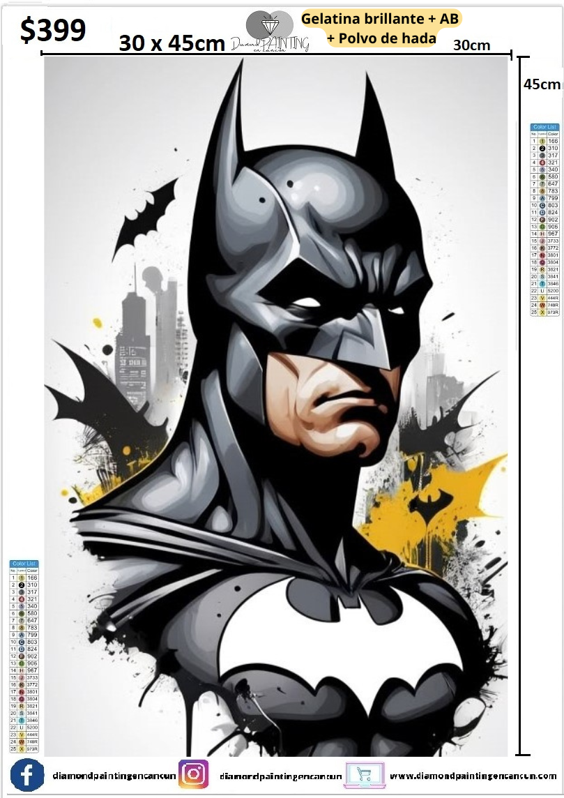 Batman 30 x 45 contiene Diamante gelatina brillante en la oscuridad, ab y polvo de hada