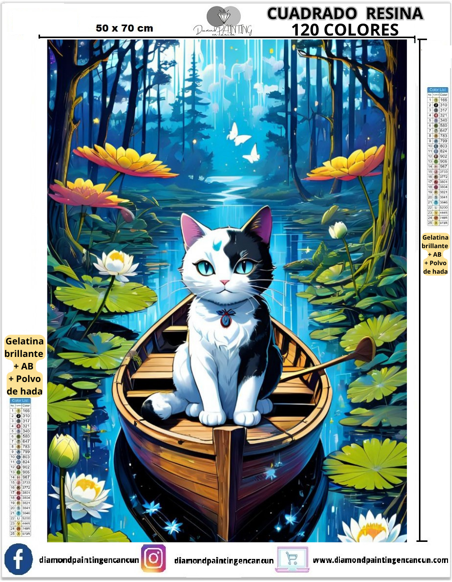 Gato en balsa 50 x 70 Contiene 120 DIAMANTES DE RESINA: GELATINA BRILLANTE EN LA OSCURIDAD, AB Y POLVO DE HADA