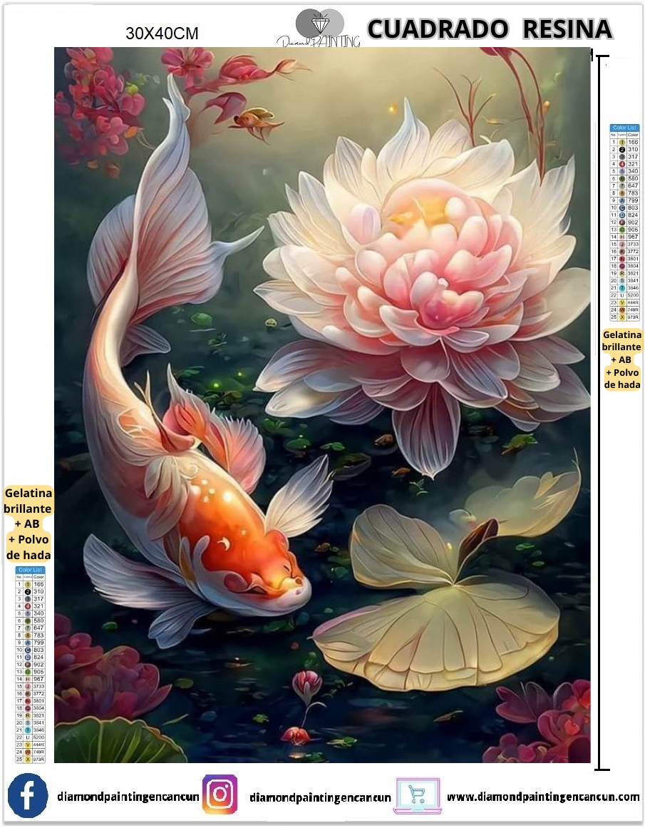 Pez Koi 30 x 40cm Contiene DIAMANTES DE RESINA: GELATINA BRILLANTE EN LA OSCURIDAD, AB Y POLVO DE HADA