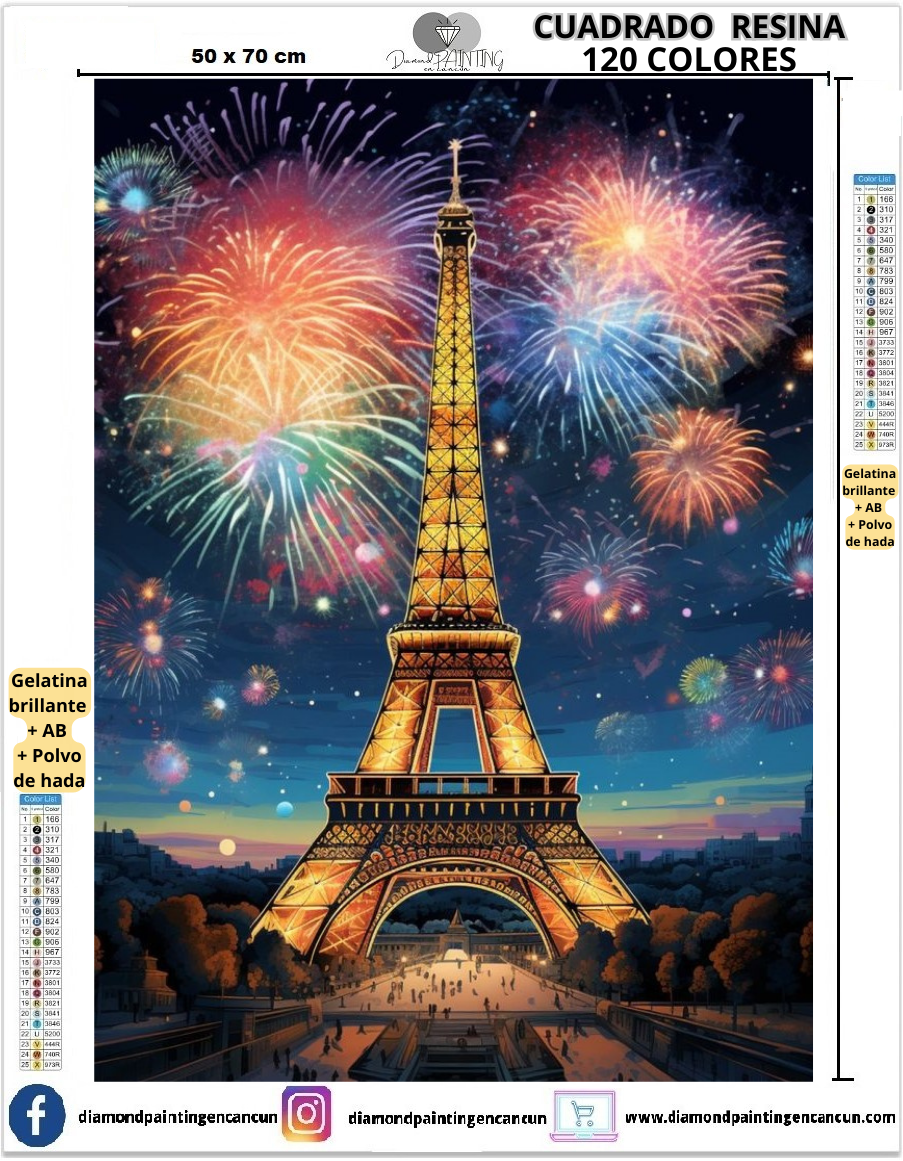 Torre Eiffel 50 x 70 Contiene DIAMANTES DE RESINA 120 COLORES: GELATINA BRILLANTE EN LA OSCURIDAD, AB Y POLVO DE HADA