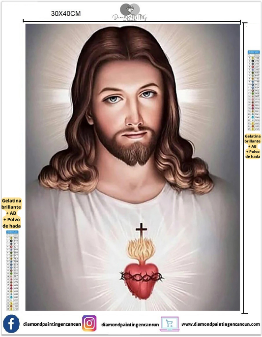 Sagrado corazón 30 x 40 contiene DIAMANTES GELATINA BRILLANTE EN LA OSCURIDAD, AB Y POLVO DE HADA, CRISTAL