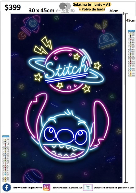 Stitch neon 30 x 45 contiene Diamante gelatina brillante en la oscuridad, ab y polvo de hada