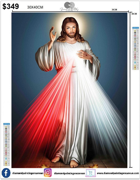 Jesus Milagroso 30 x 40cm contiene DIAMANTE GELATINA BRILLANTE EN LA OSCURIDAD, AB Y POLVO DE HADA